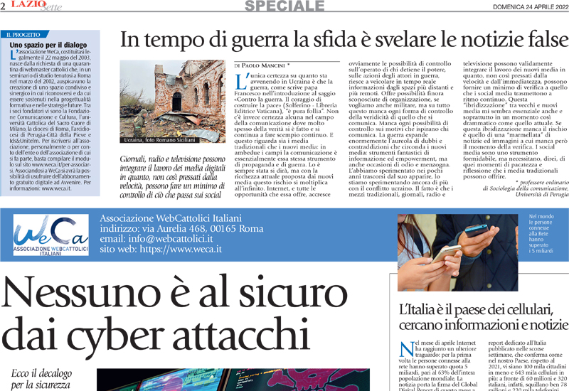 Nessuno è al sicuro dai cyber attacchi – La pagina WeCa su Avvenire – Lazio Sette di domenica 24 aprile 2022