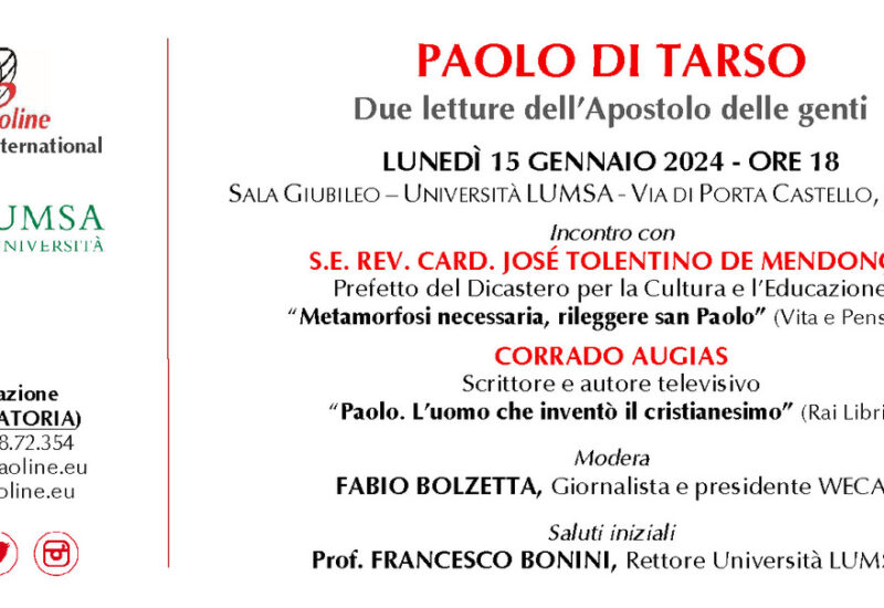 invito incontro Tolentino-Augias su Paolo di Tarso – Roma (Lumsa) 15 gennaio 2024